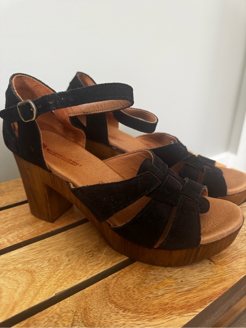 Eric Michael Black Suede Platform Sandal with Wooden Block Heel